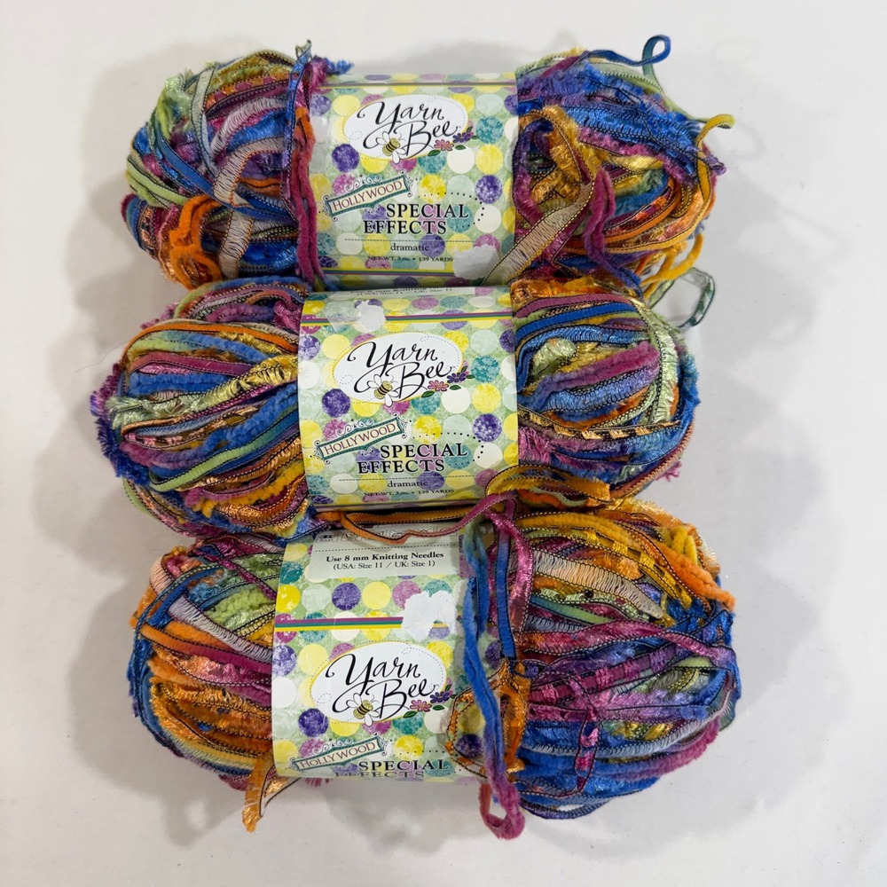 Yarn Bee Hollywood Special Effects Yarn Lot 3 Dramatic Ribbon Multi 417 Yards